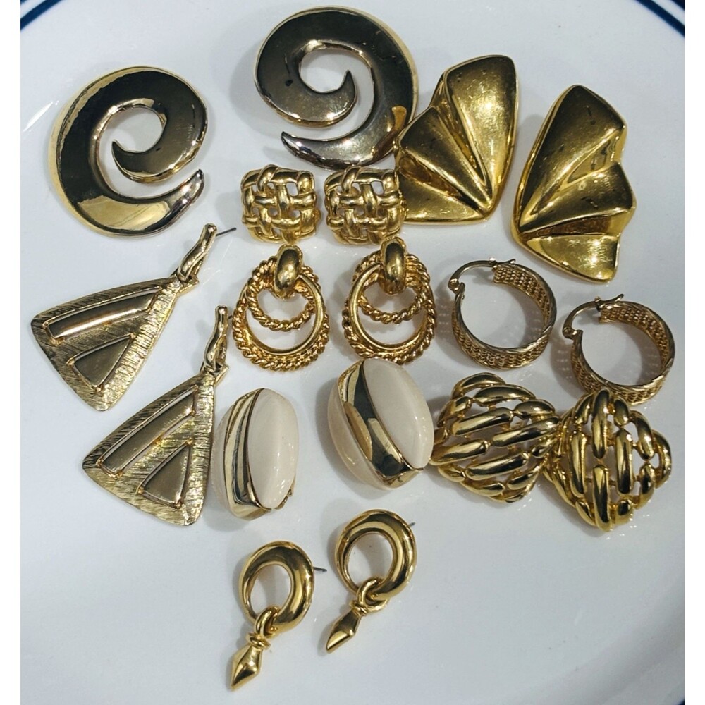 Vintage Earrings Lot Gold Tone Pierced Post Some Signed Dangle Statement
